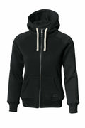 The Nimbus NB55F is a black zip-up hoodie featuring a hood, front pockets, and white drawstrings.