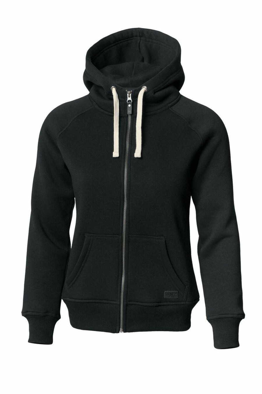 The Nimbus NB55F is a black zip-up hoodie featuring a hood, front pockets, and white drawstrings.