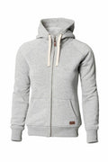 Nimbus NB55F gray zip-up hoodie featuring a hood, drawstrings, front pockets, and ribbed cuffs.