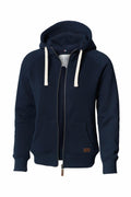 This is the Nimbus NB55F, a navy blue hooded sweatshirt that comes with a front zipper and white drawstrings. It includes ribbed cuffs and hem, front pockets, and is adorned with a small brown leather patch near the bottom hem. The lined hood adds extra comfort, and the sweatshirt is presented on a plain background.