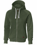 Introducing the NB55F, a green zip-up hoodie from Nimbus. This stylish piece features white drawstrings, a convenient front pocket, and long sleeves. A leather patch detail graces the bottom of the hoodie. The product is showcased on a white background for clarity.