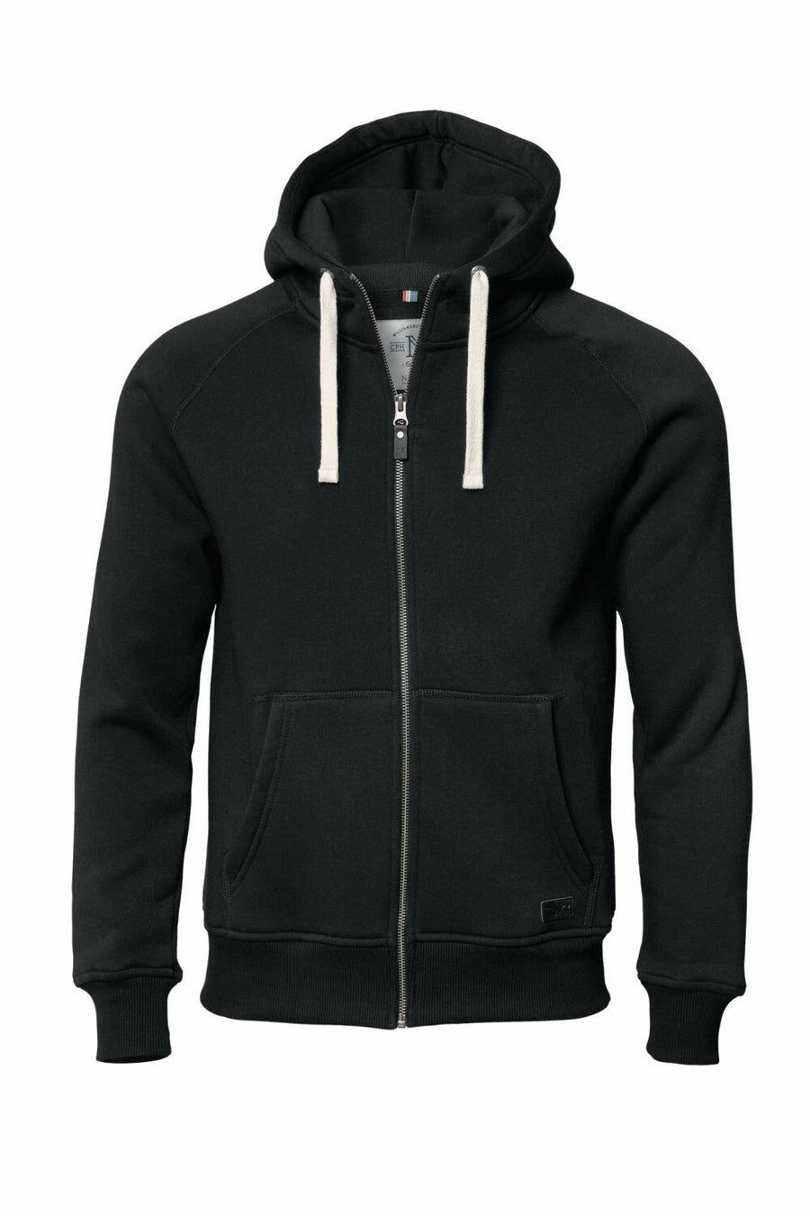 Nimbus NB55M black zip-up hoodie, featuring white drawstrings and front pockets, displayed on a plain white background.