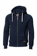 Introducing the NB55M by Nimbus: A navy blue hoodie featuring a zip-up design, complete with a hood and contrasting white drawstrings. This stylish piece includes long sleeves, a front zipper, and two convenient front pockets.