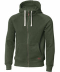 The Nimbus NB55M is a green zip-up hoodie featuring white drawstrings and a front pocket. It is displayed against a white background, highlighting its full front view and detailing.