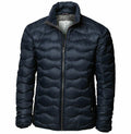 The NB60M by Nimbus is a black quilted puffer jacket with a zipper, showcased on a mannequin, boasting a high collar and textured wave pattern.