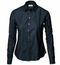Front-facing display of the NB65F by Nimbus, featuring a dark denim long-sleeve button-up shirt with a collar against a plain background.