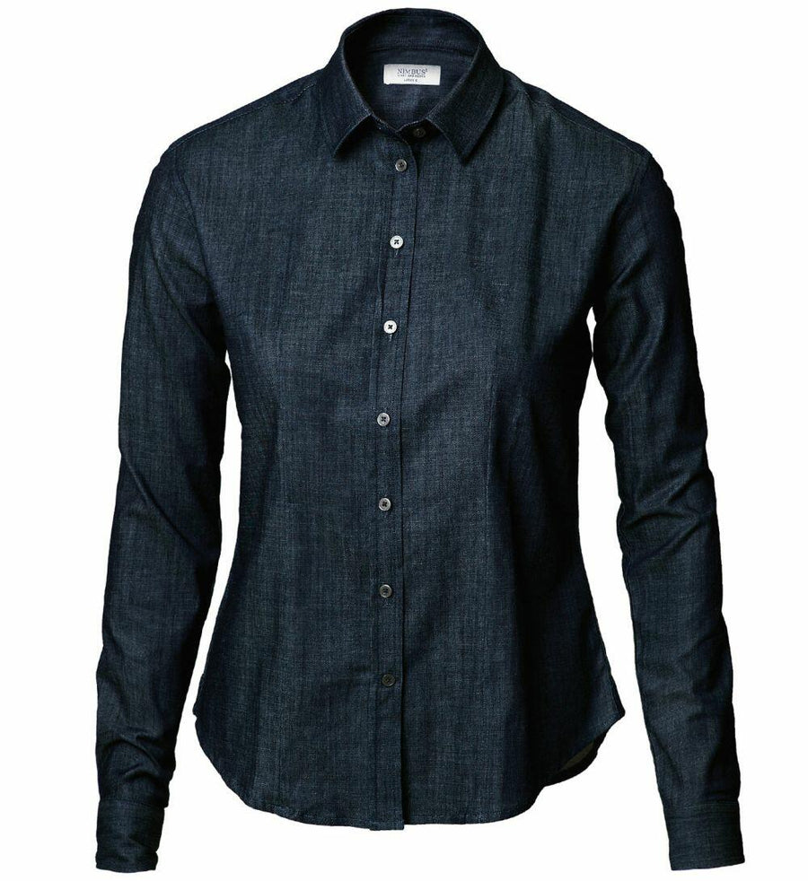 Front-facing display of the NB65F by Nimbus, featuring a dark denim long-sleeve button-up shirt with a collar against a plain background.