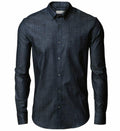 Introducing the Nimbus NB65M: a long-sleeve dark blue button-up shirt featuring a subtle textured pattern set against a white background.