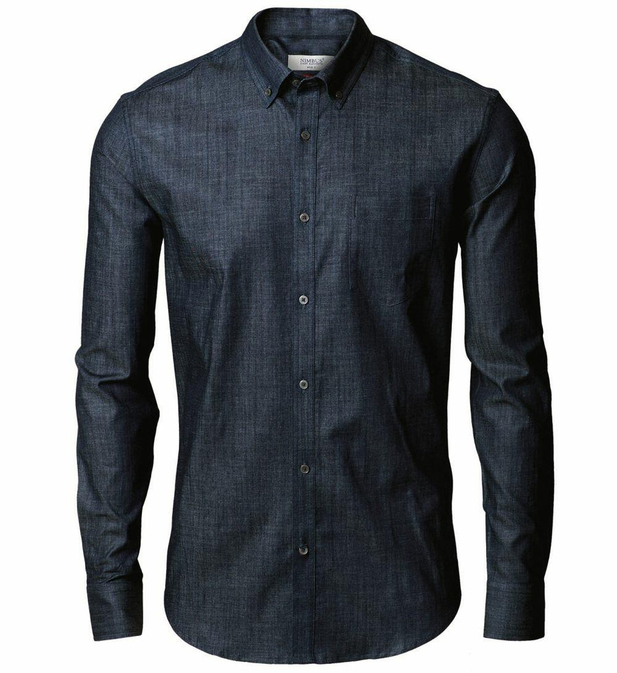Introducing the Nimbus NB65M: a long-sleeve dark blue button-up shirt featuring a subtle textured pattern set against a white background.