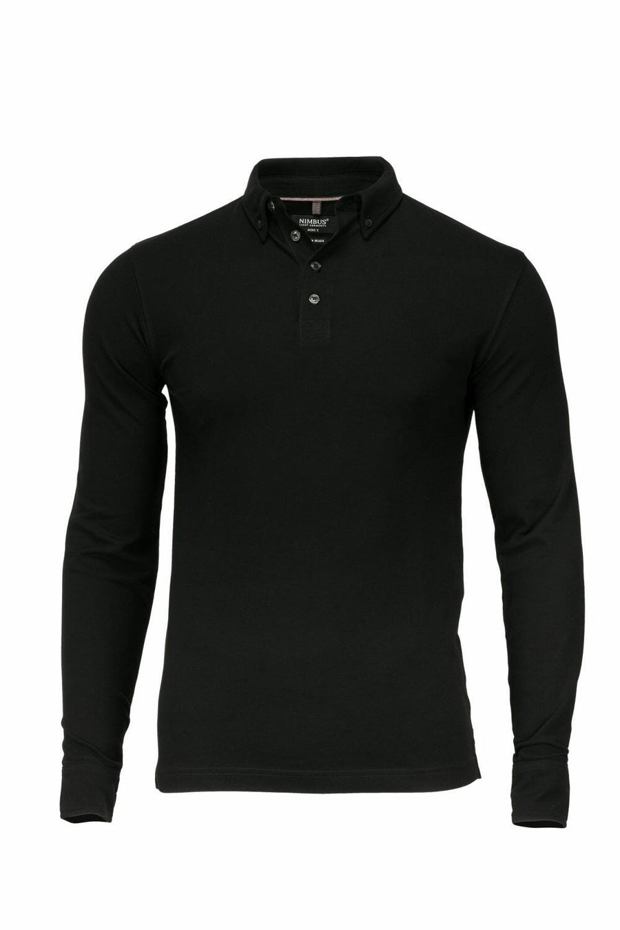 Nimbus NB71M black long-sleeve polo shirt with a buttoned collar, featured on a plain background.