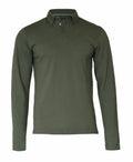 The Nimbus NB71M is showcased against a white background, featuring a plain design in olive green with long sleeves, a collar, and a three-button placket.