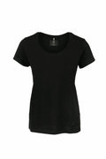 The NB72F by Nimbus, a plain black t-shirt featuring short sleeves and a round neckline, is displayed on a white background.