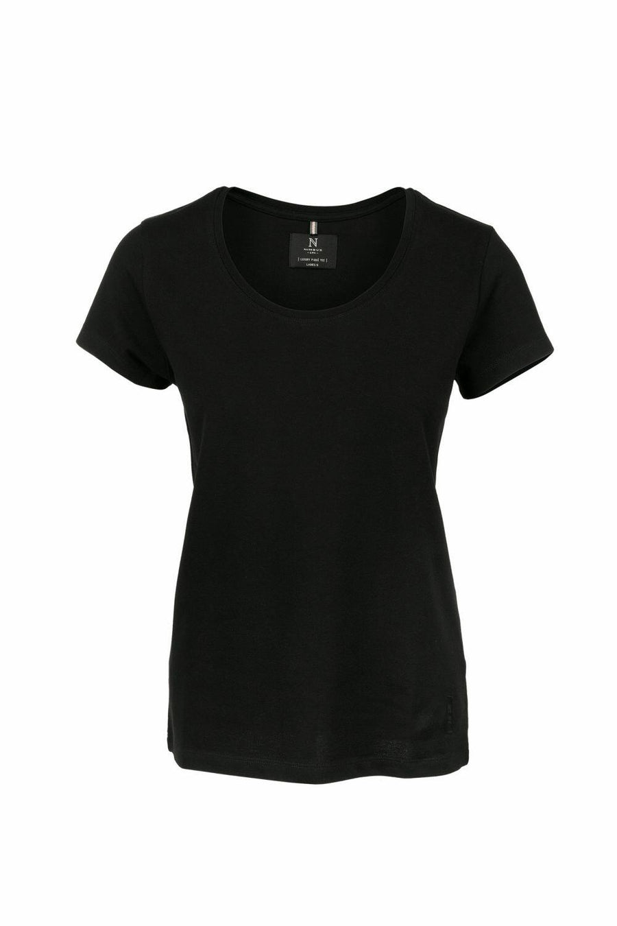 The NB72F by Nimbus, a plain black t-shirt featuring short sleeves and a round neckline, is displayed on a white background.