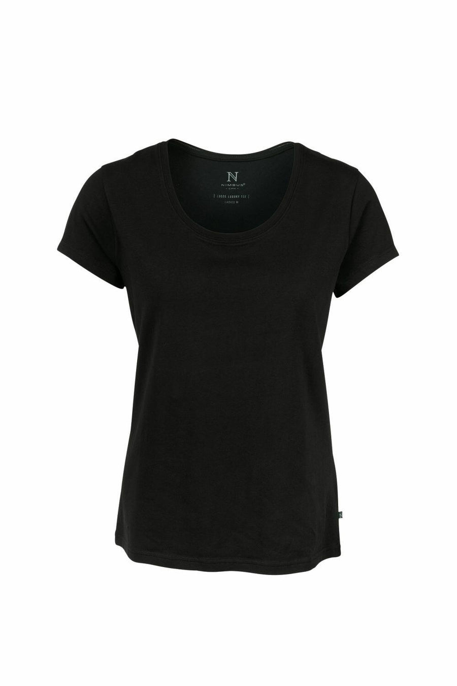 The NB73F by Nimbus is a black short-sleeved T-shirt displayed against a white background.