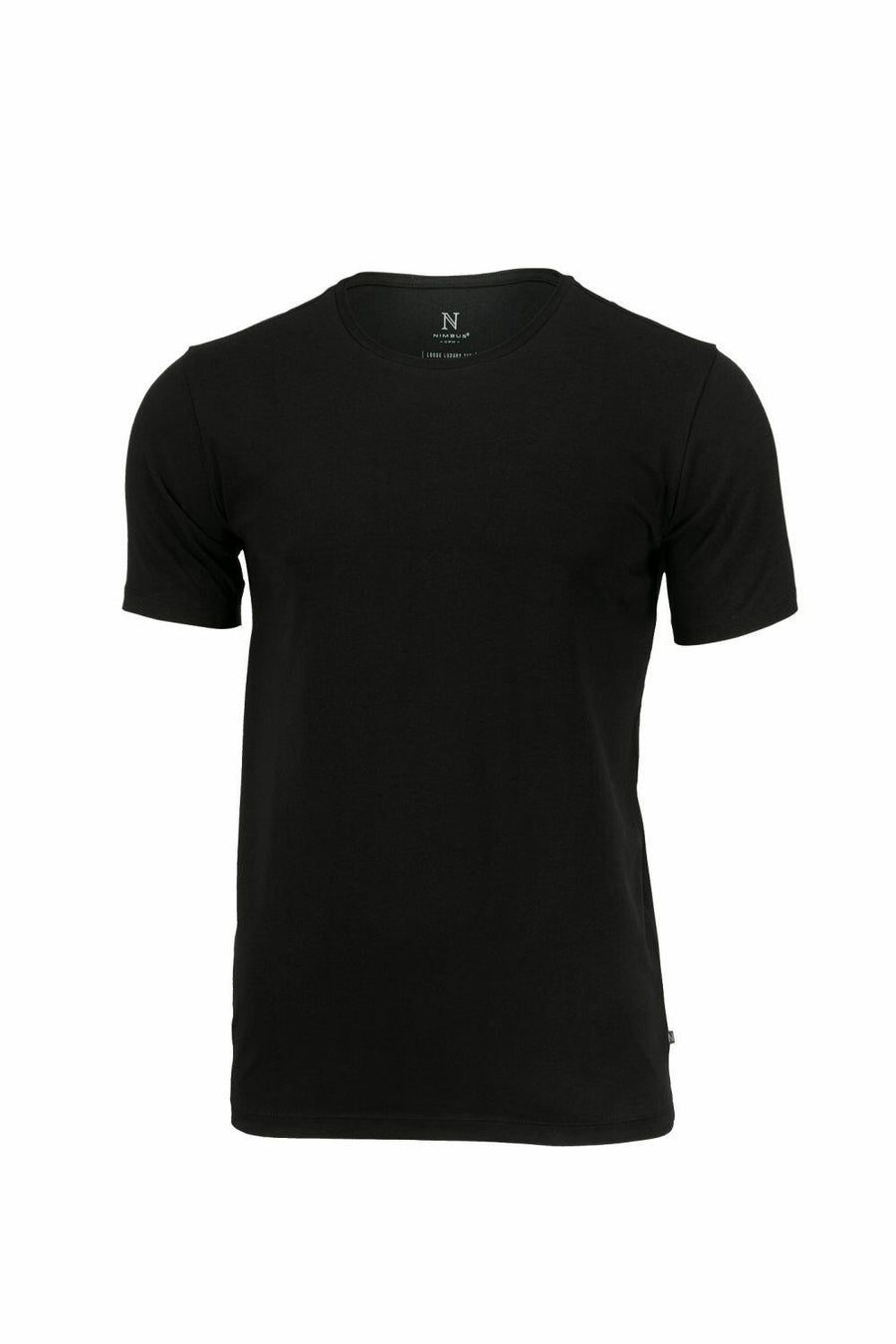 Nimbus NB73M t-shirt, a plain black short-sleeve design featuring a round neck, showcased against a white background.