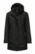 The Nimbus NB77F black hooded parka features a zip closure, button details, and side pockets.