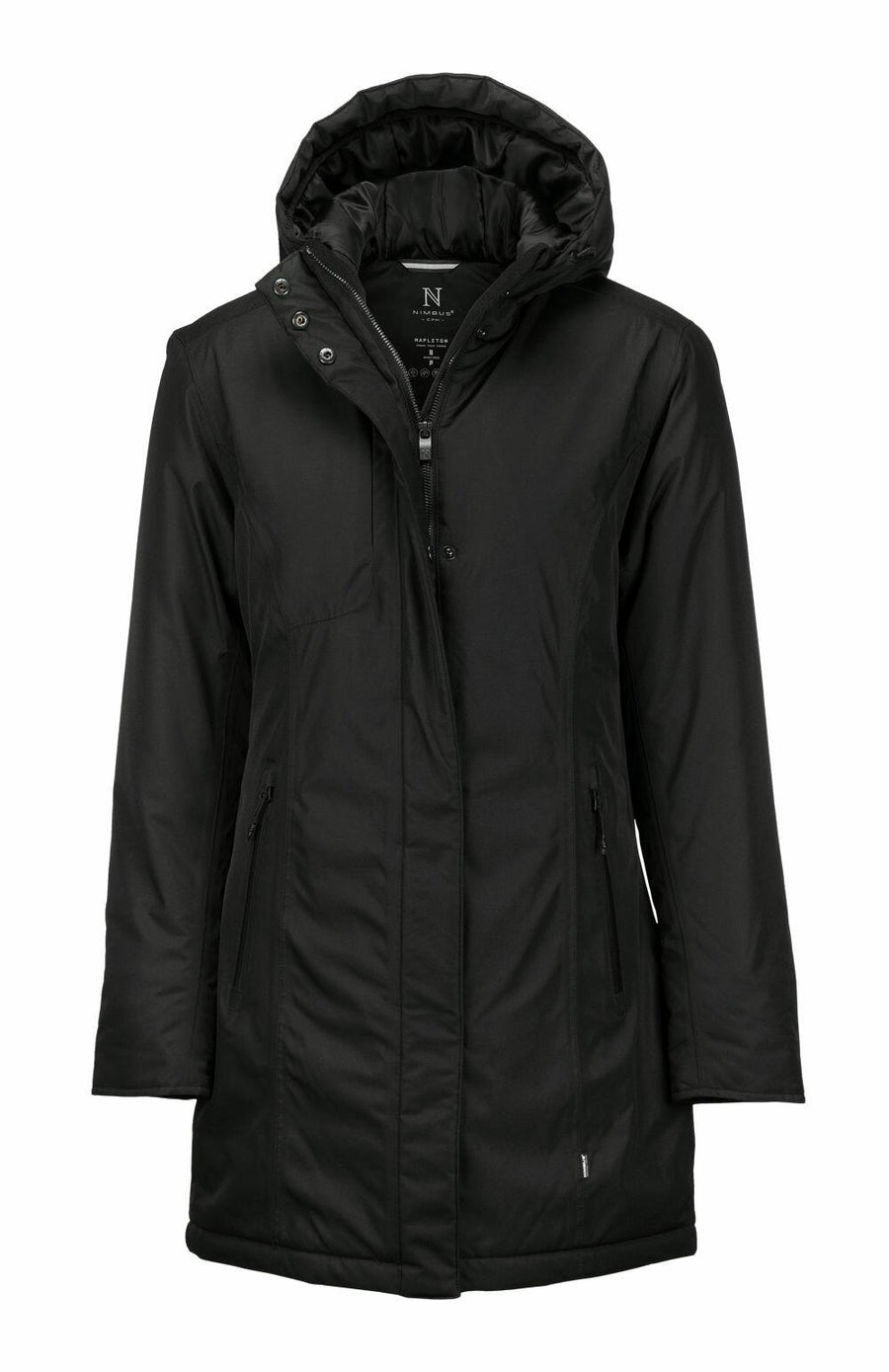 The Nimbus NB77F black hooded parka features a zip closure, button details, and side pockets.