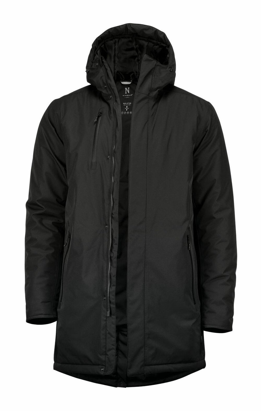 A Nimbus NB77M winter coat in black, featuring a hood, front zipper, and pockets.