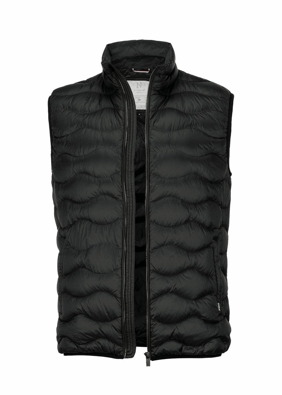 Product NB79M from Nimbus is a black, quilted sleeveless jacket featuring a high collar and front zipper.