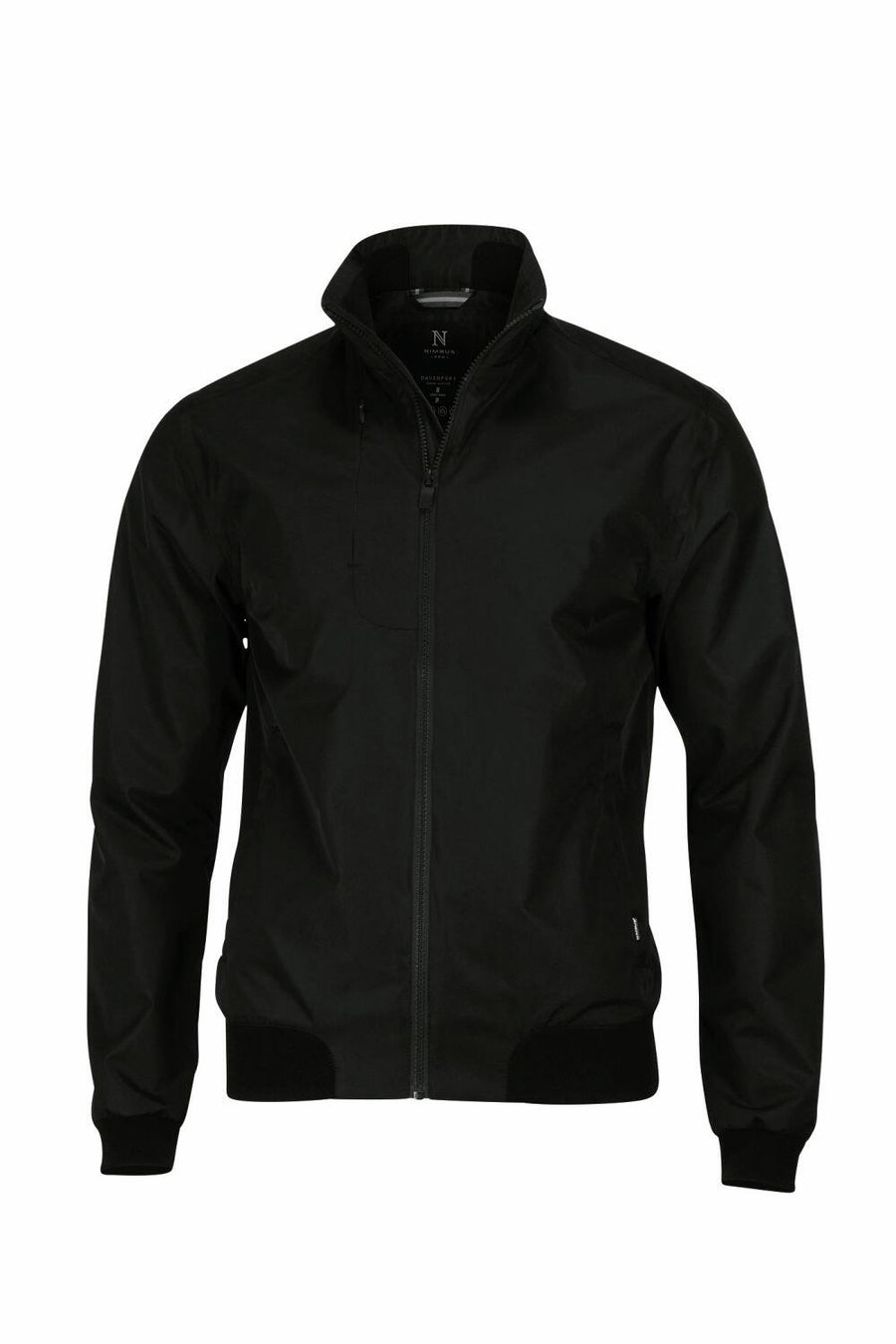 Nimbus NB82M black zip-up jacket featuring a high collar, long sleeves, and ribbed cuffs and hem.