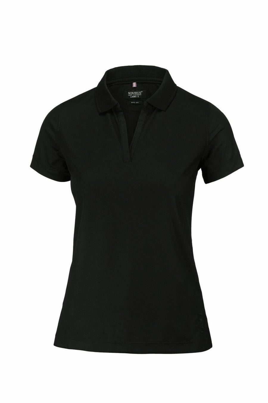 A Nimbus NB86F black short-sleeve polo shirt with a collar, showcased on a white background.