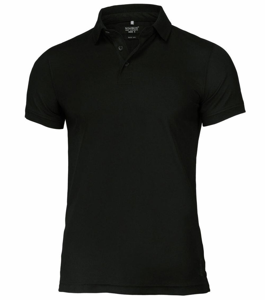 A Nimbus NB86M black polo shirt featuring a collar and short sleeves.