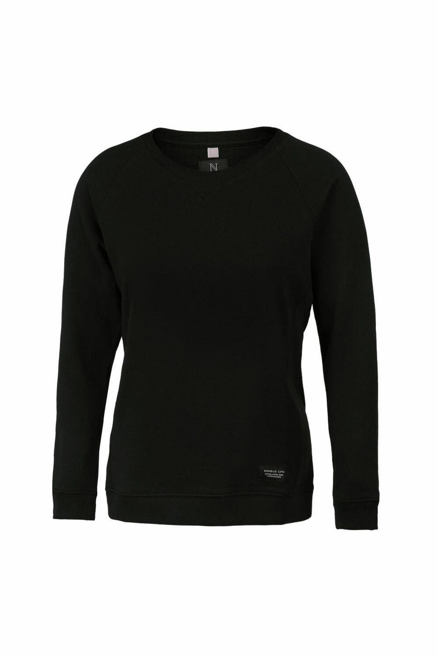 Product Description: The Nimbus NB87F is a plain black long-sleeve sweatshirt featuring a round neckline, showcased on a white background.