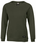 The Nimbus NB87F is a plain, dark green sweatshirt with long sleeves and a V-neckline. It includes a small black label on the lower side near the hem. The sweatshirt is presented on a transparent mannequin.
