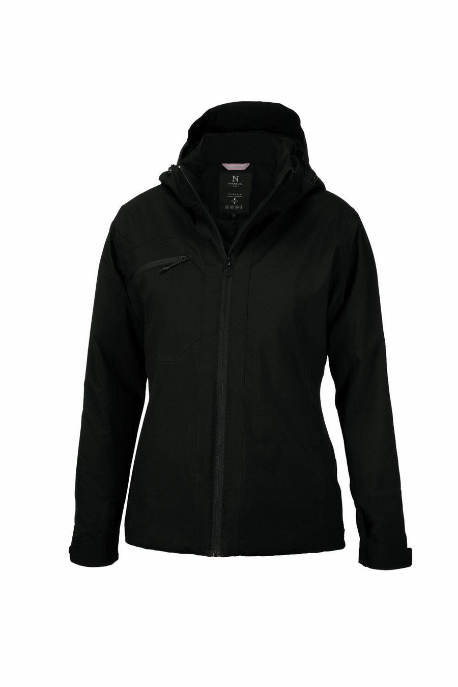 A black Nimbus NB88F hooded jacket with a front zipper and side pocket on a plain white background.