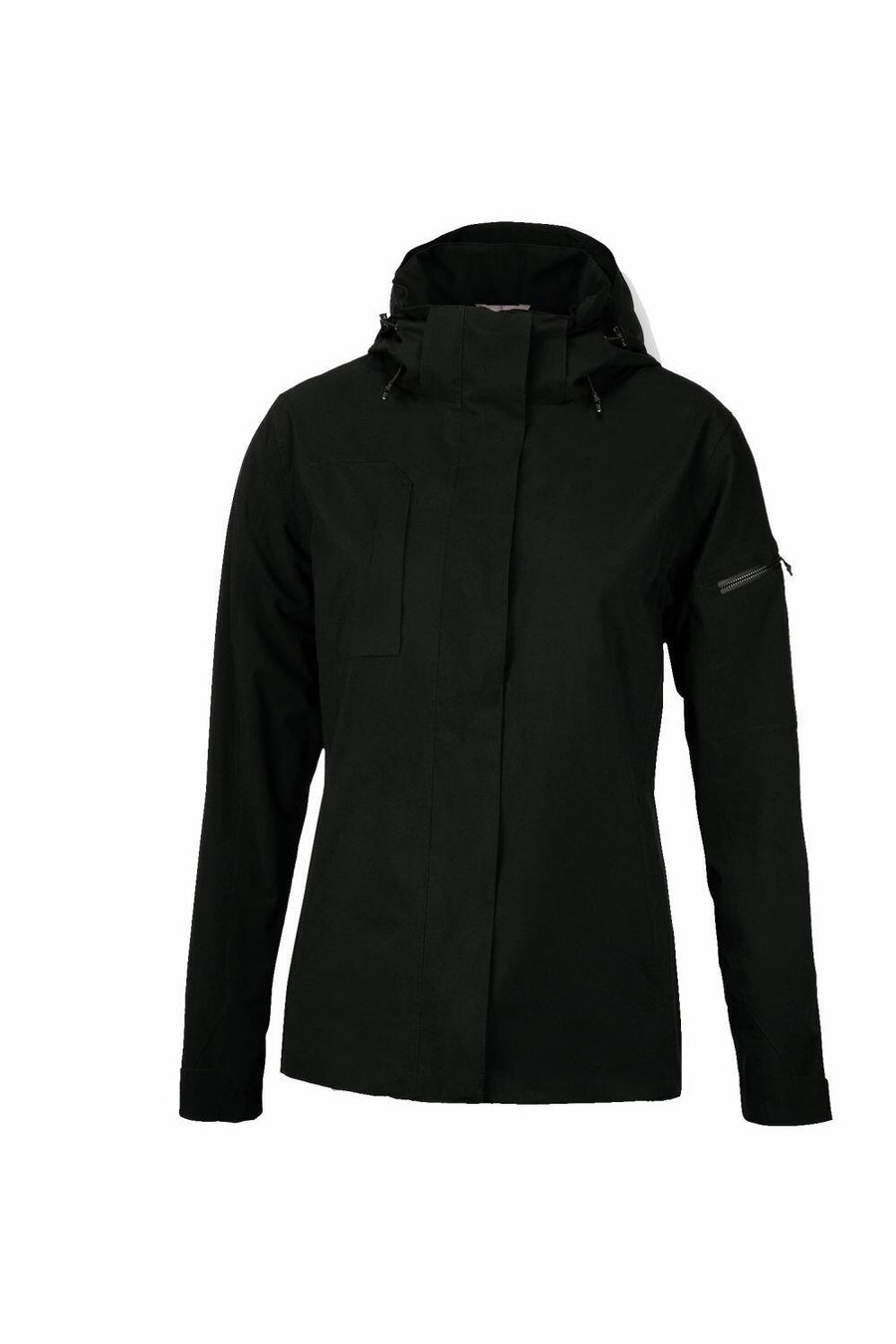 Introducing the NB89F by Nimbus: A stylish black hooded jacket with both zipper and button closure, complete with a convenient zip pocket on the left sleeve.