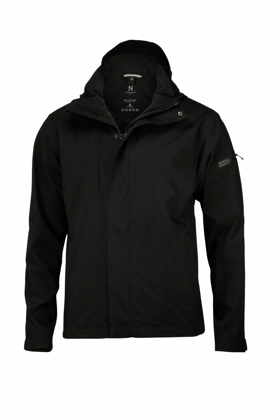 The Nimbus NB89M is a black waterproof jacket that includes a hood and features multiple pockets.