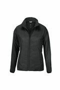 The Nimbus NB90F is a black hooded zip-up puffer jacket, designed with a quilted pattern and elastic cuffs.