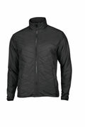The Nimbus NB90M jacket, featuring a black quilted design, a front zipper, and a high collar, displayed on a stand against a white background.