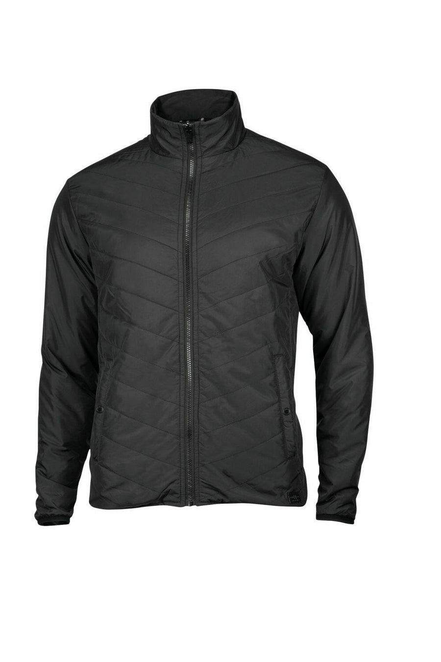 The Nimbus NB90M jacket, featuring a black quilted design, a front zipper, and a high collar, displayed on a stand against a white background.