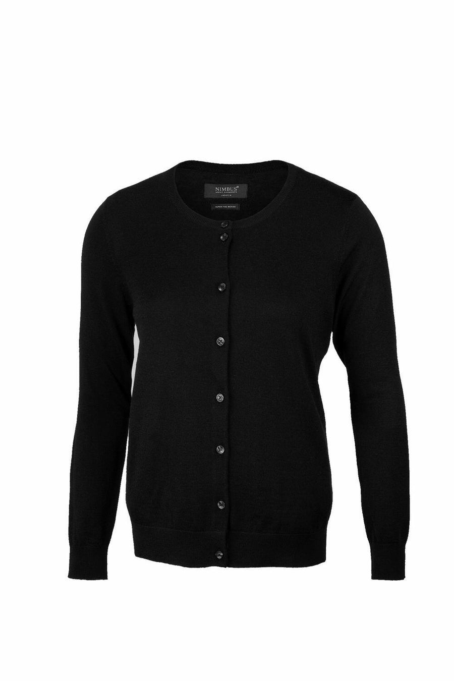 Nimbus NB93F black button-up cardigan featuring long sleeves and a crew neckline.
