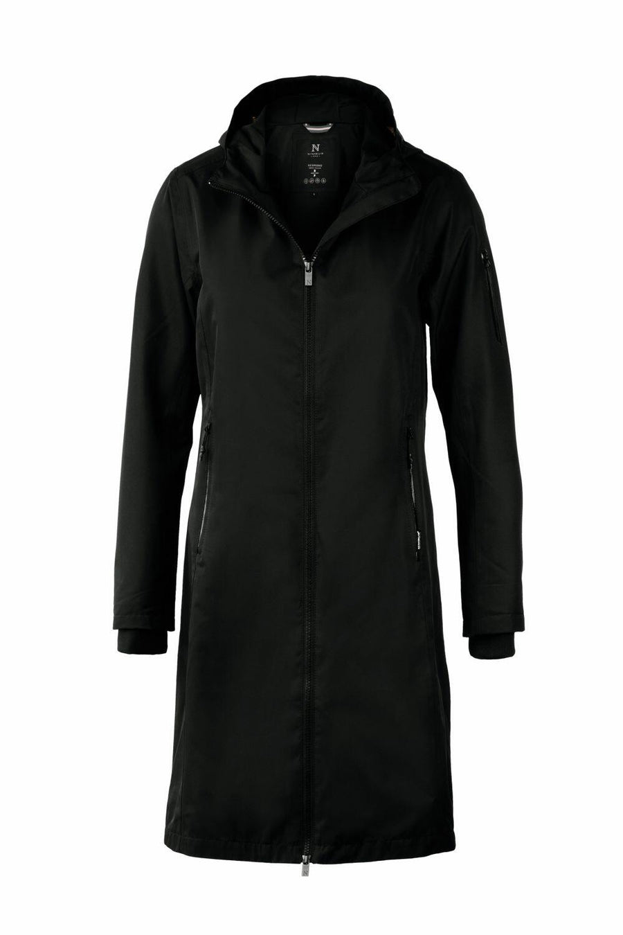 Introducing the Nimbus NB97F, a stylish long black coat featuring a front zipper, convenient side pockets, and an adjustable hood.