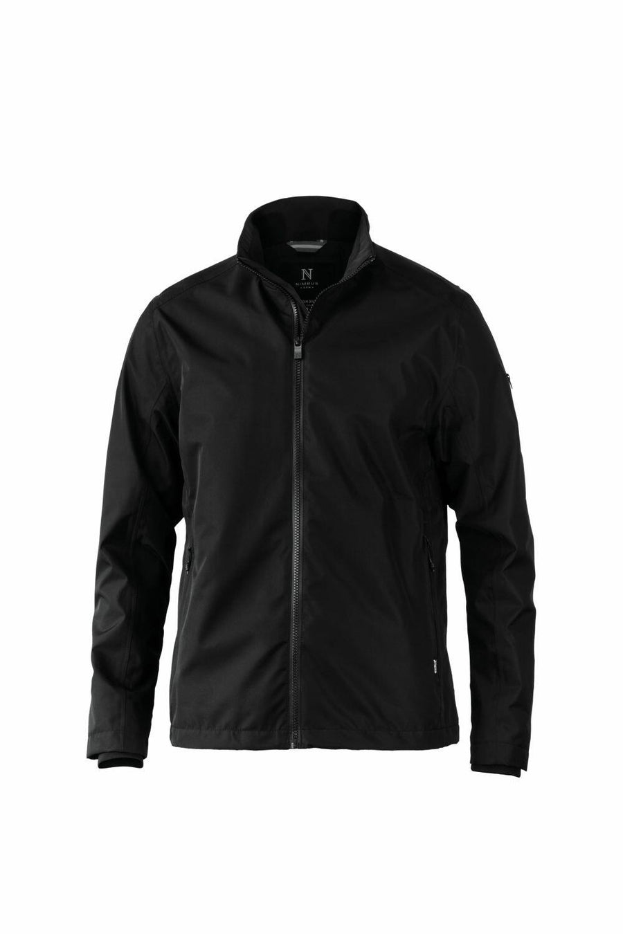 Nimbus NB97M black zip-up jacket featuring long sleeves and a collar, showcased against a plain white background.