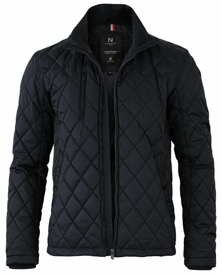 The NB98M by Nimbus is a black quilted jacket featuring a front zipper and a high collar.