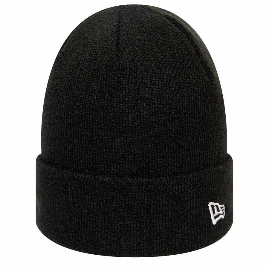 A New Era NE002 black knit beanie featuring a folded cuff and a discreet white logo on the side.