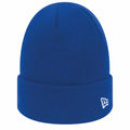 A New Era NE002 royal blue knit beanie featuring a folded brim and a small embroidered white logo on the side.