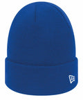 A blue knit beanie with a folded cuff and a small white New Era logo on the side, called the NE002.