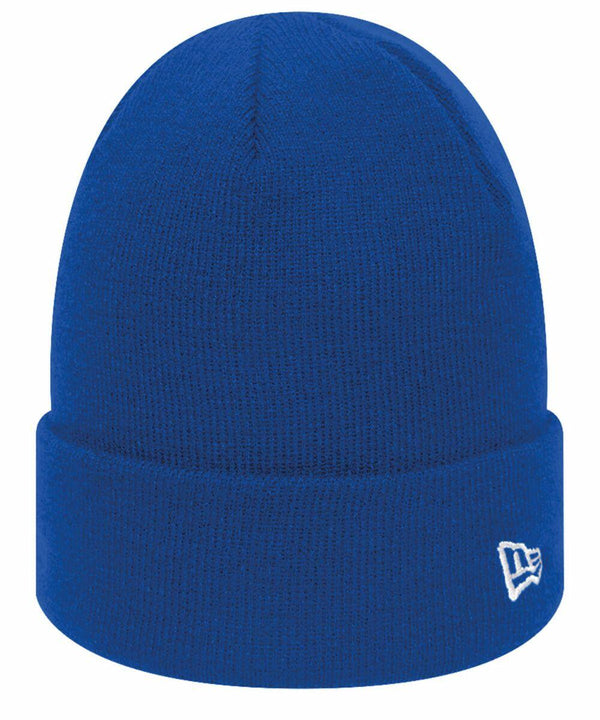 A blue knit beanie with a folded cuff and a small white New Era logo on the side, called the NE002.