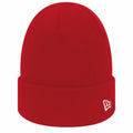 The NE002 New Era beanie is a solid bright red knit hat with a folded cuff and a small white embroidered logo on the side, offering a simple design that's perfect for cold weather.