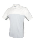 The NK170 by Nike, a short-sleeve polo shirt featuring a white top and light gray bottom, is showcased against a plain background.