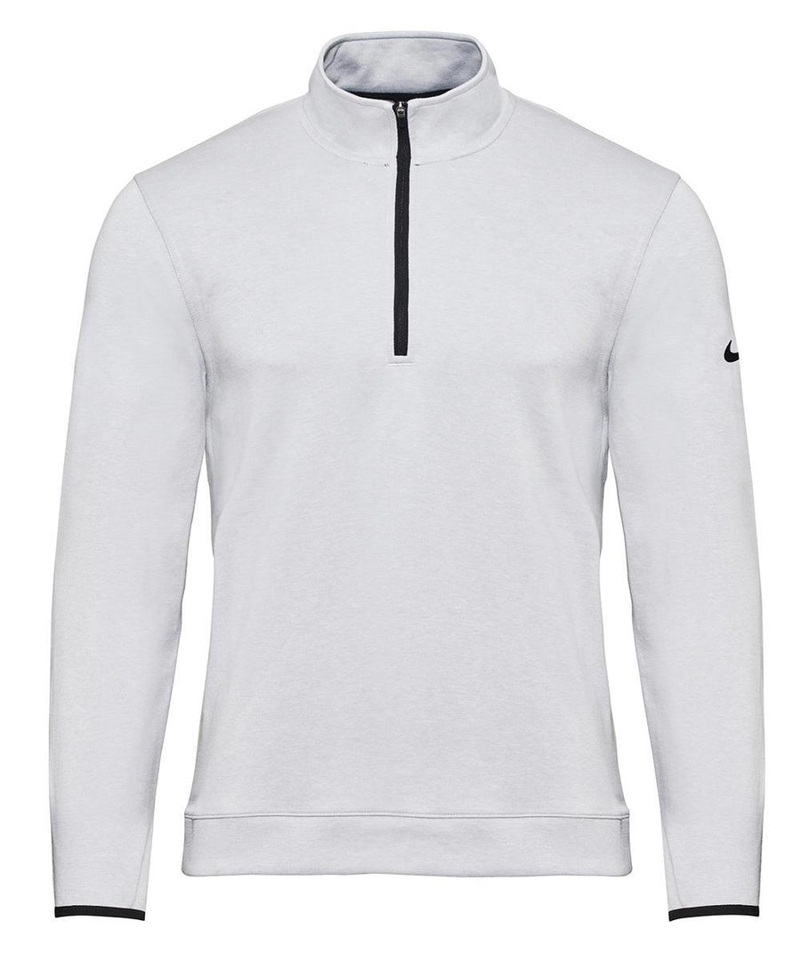 The Sports Overtops is a plain light grey long-sleeve quarter-zip pullover with a stand-up collar, black zip, and a small black Nike logo on the left sleeve, shown against a white background.