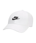 Caps: Classic white baseball cap with a black Nike swoosh and "NIKE" embroidered on the front, featuring a curved peak and ventilation eyelets.