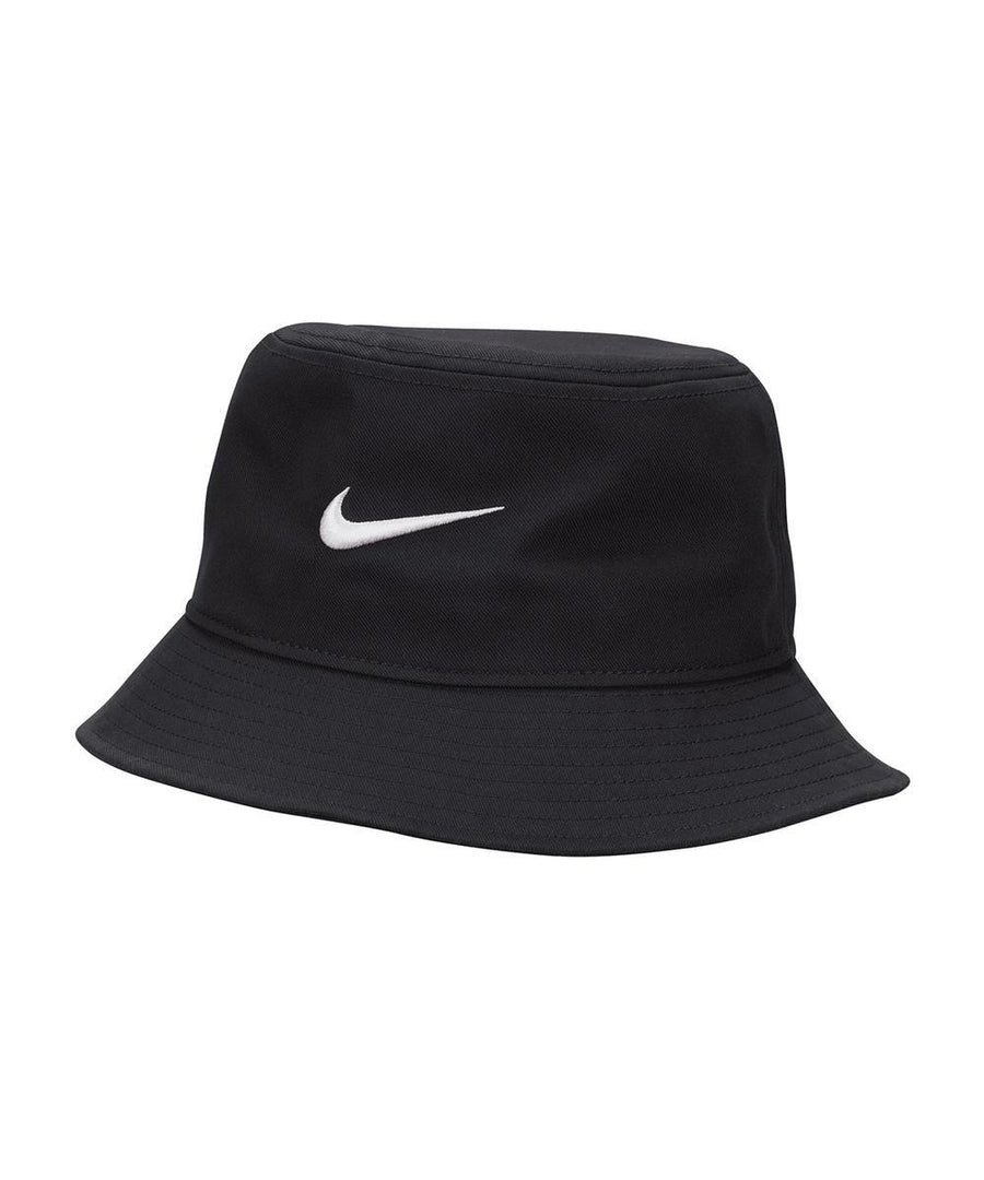 The Nike Apex bucket hat is black with a white embroidered Nike swoosh logo on the front.
