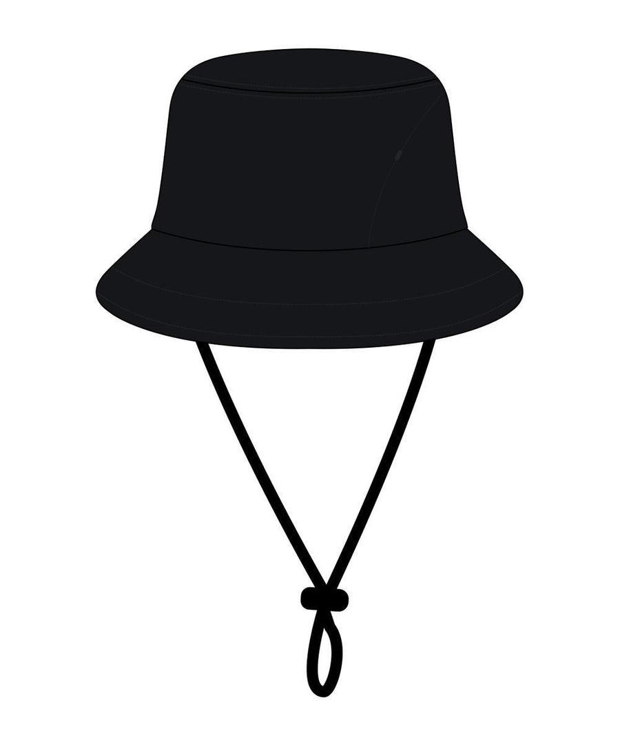 The Hats product is a black bucket hat featuring a chin strap and adjustable toggle, displayed against a white background.