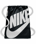 A black Nike NK286 drawstring bag featuring a large white Nike logo and white drawstrings.