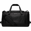 The Nike NK298 is a black duffel bag equipped with a shoulder strap and two handles, featuring a zippered front pocket and side compartments.